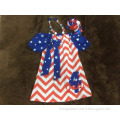 2015 new baby kids girls 4th of July Patriotic boutique chevrin dress with necklace and bow set